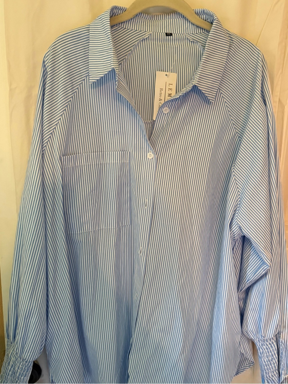 Womens Blue White Pinstripe Button-Up Shirt made famous by K Clark